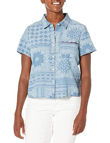 tommy jeans women's short sleeve button up printed shirt, light benson, xs