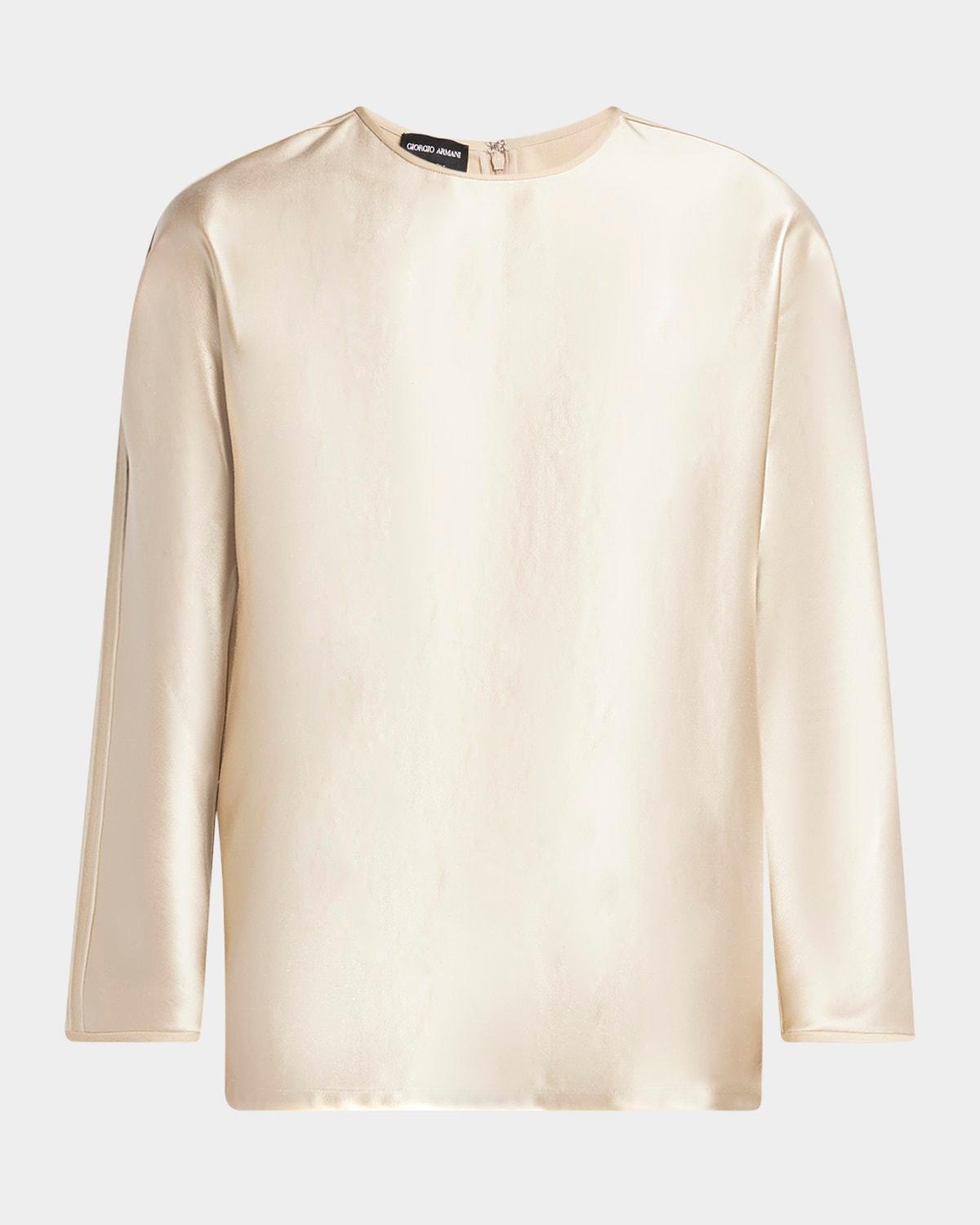 tonal piping long-sleeve silk blouse