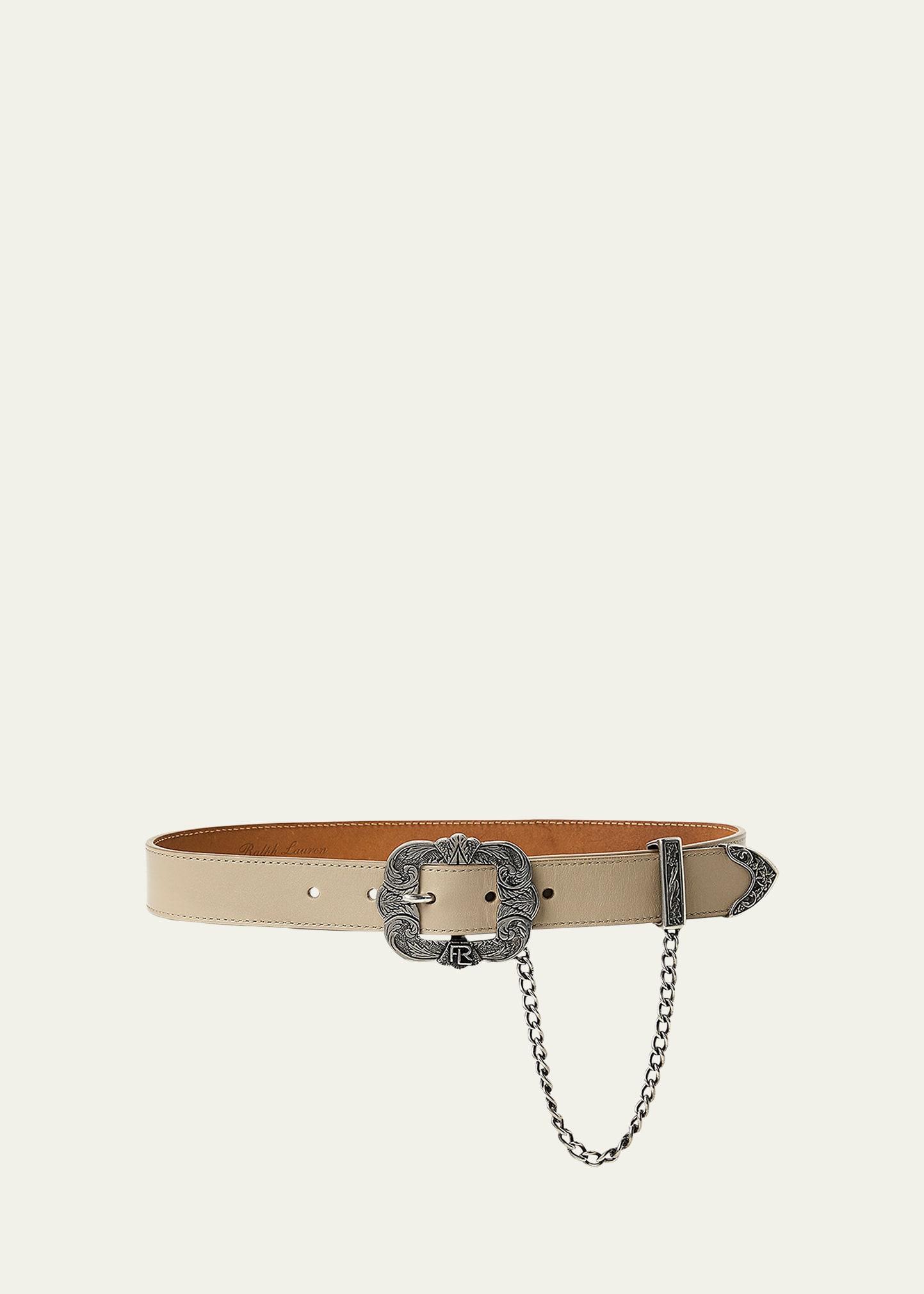 tooled-buckle chain-trim calfskin belt