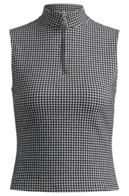 top in houndstooth jacquard with zip closure- patterned women's casual tops