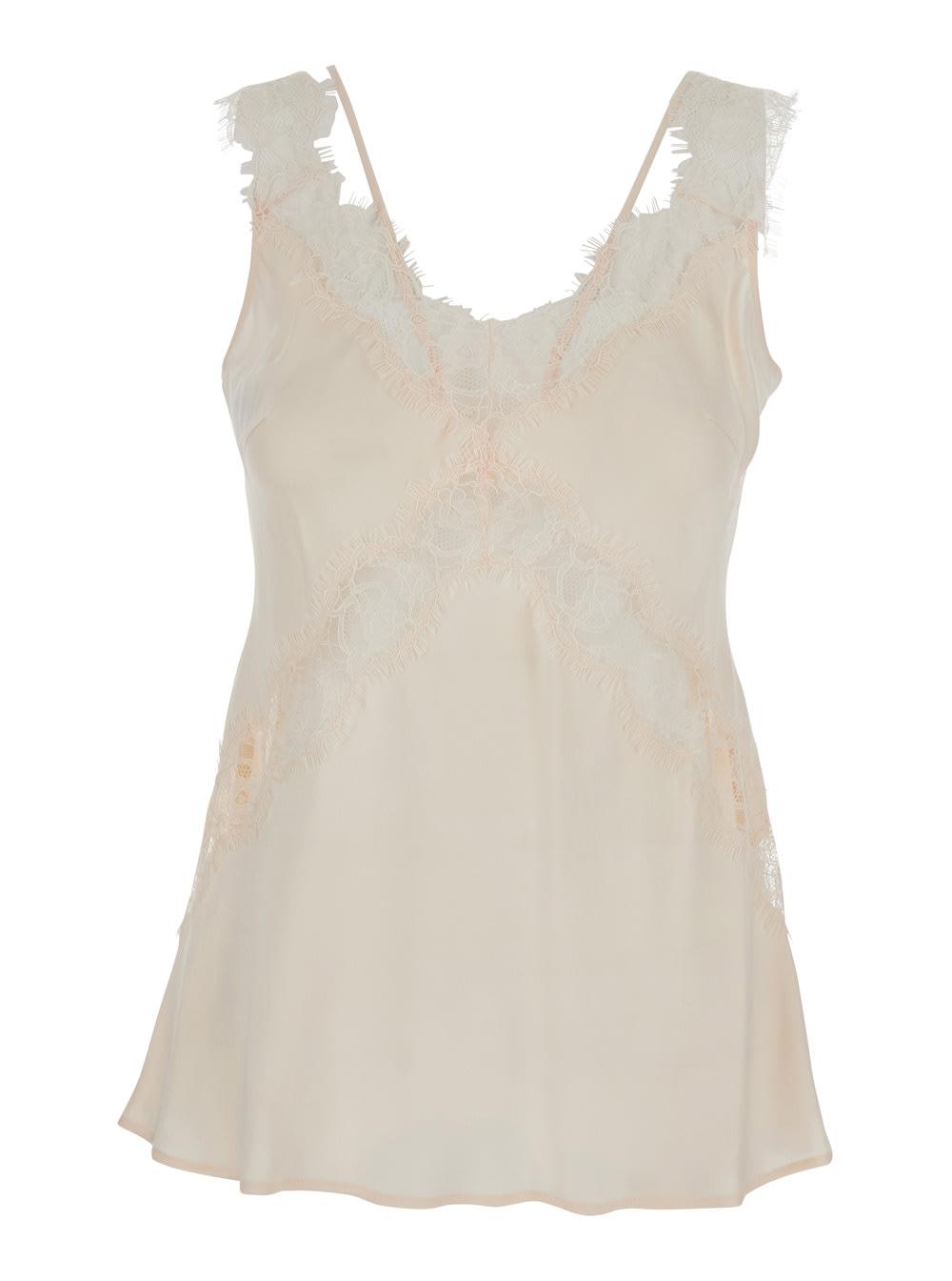 top pinko with v-neck and lace details in pink viscose for women