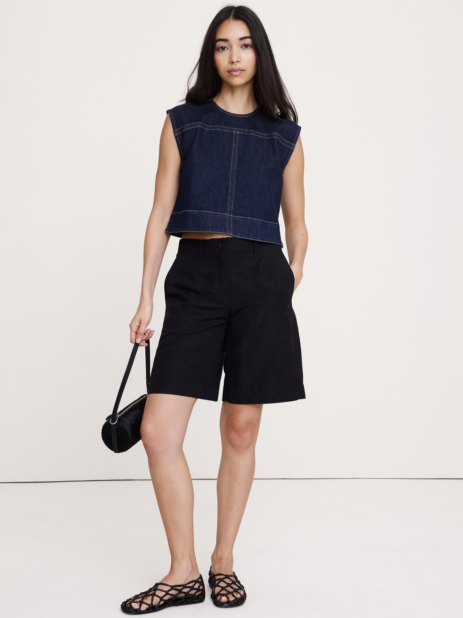 top-stitched denim top