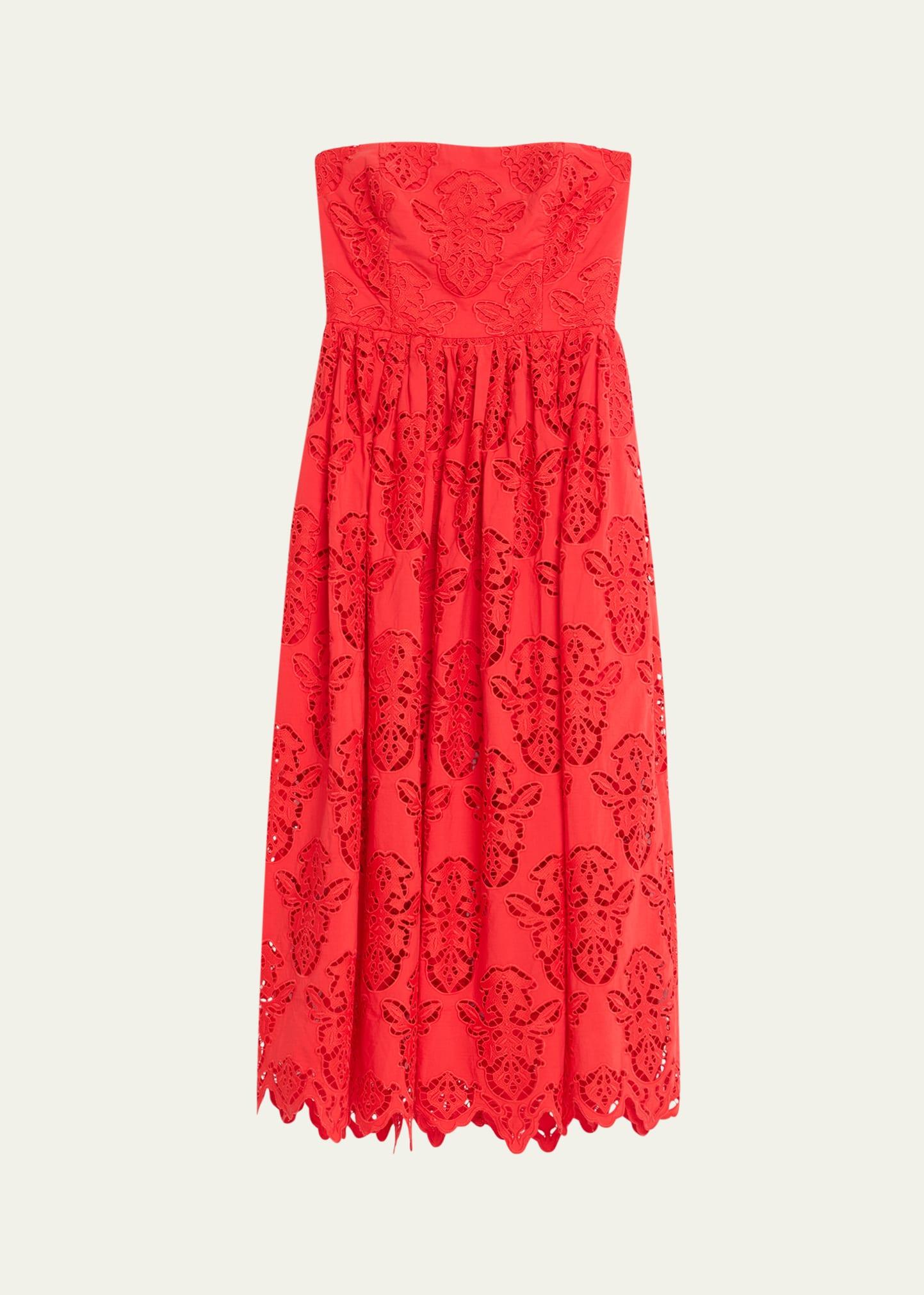 torres floral poplin tiered strapless midi dress