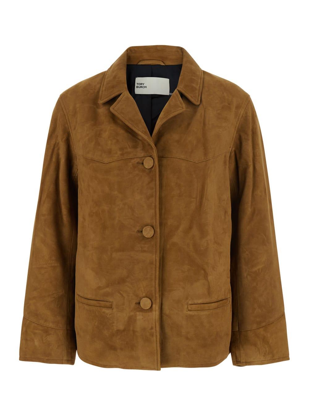 tory burch beige jacket with notched revers in suede woman