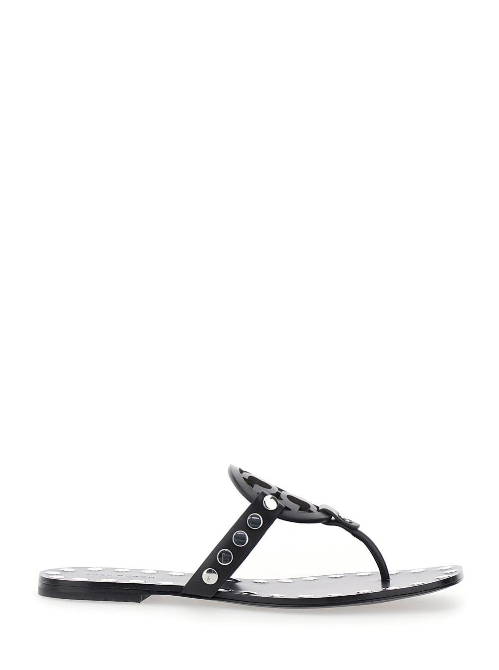 tory burch black thong sandals with logo on the front and stud embellishments in leather woman
