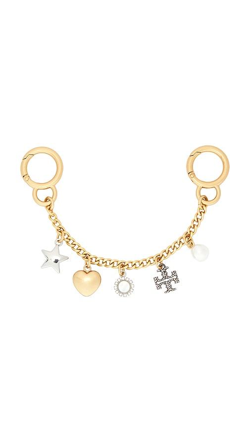 tory burch charms key fob in metallic silver.