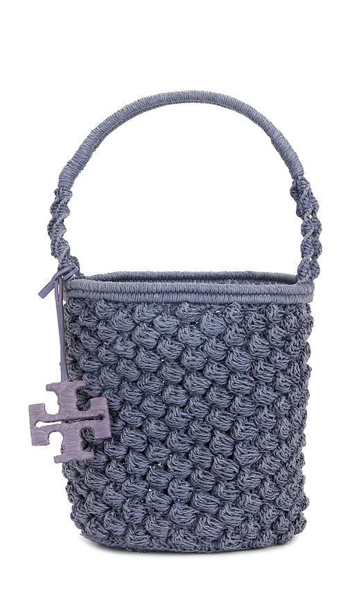 tory burch ella hand-crocheted popcorn stitch bucket bag in grey.