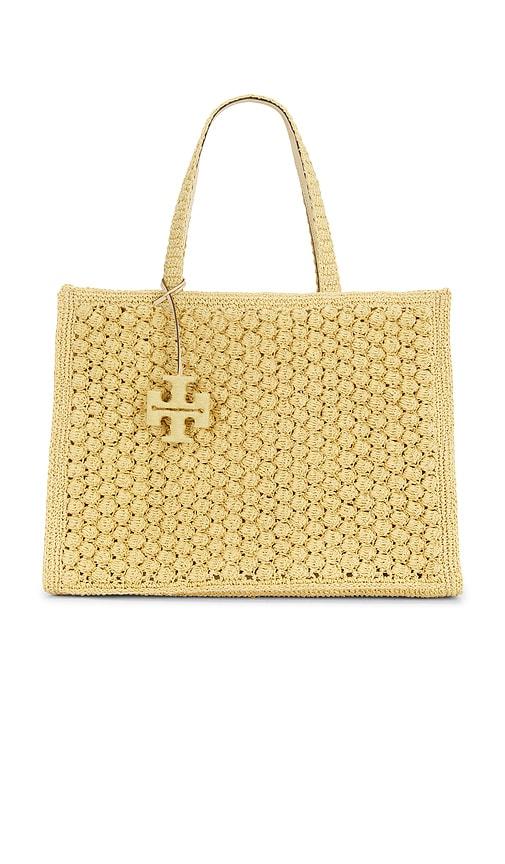 tory burch ella hand crocheted popcorn stitch large tote bag in neutral.