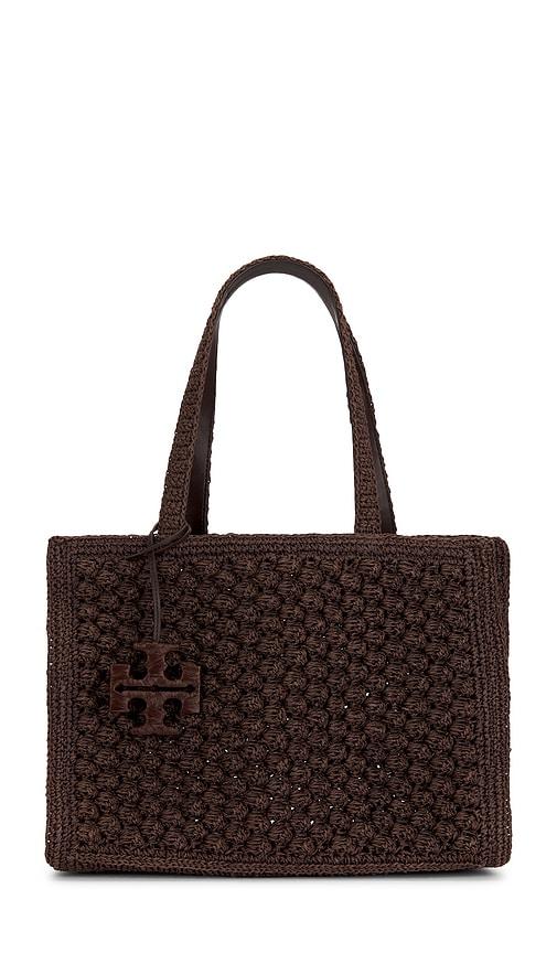 tory burch ella hand crocheted popcorn stitch small tote bag in brown.