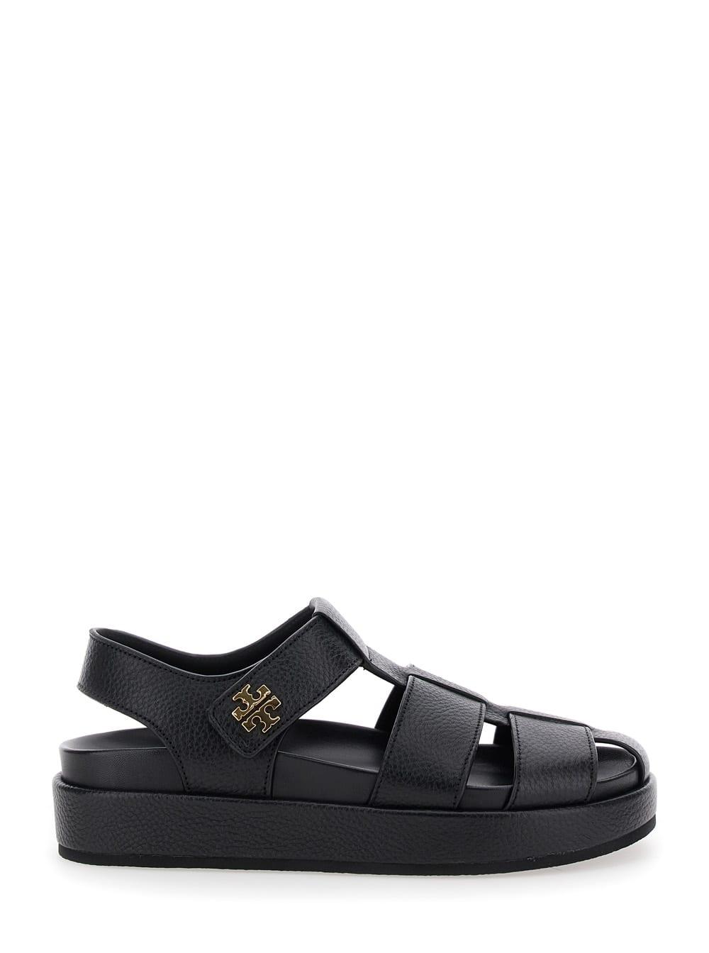 tory burch kira black sandals with logo plaque in grained leather woman