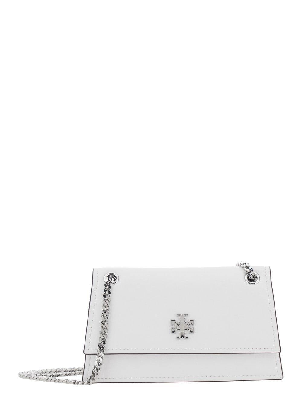 tory burch kira shoulder bag with chain strap and metallic logo on front in white leather for women