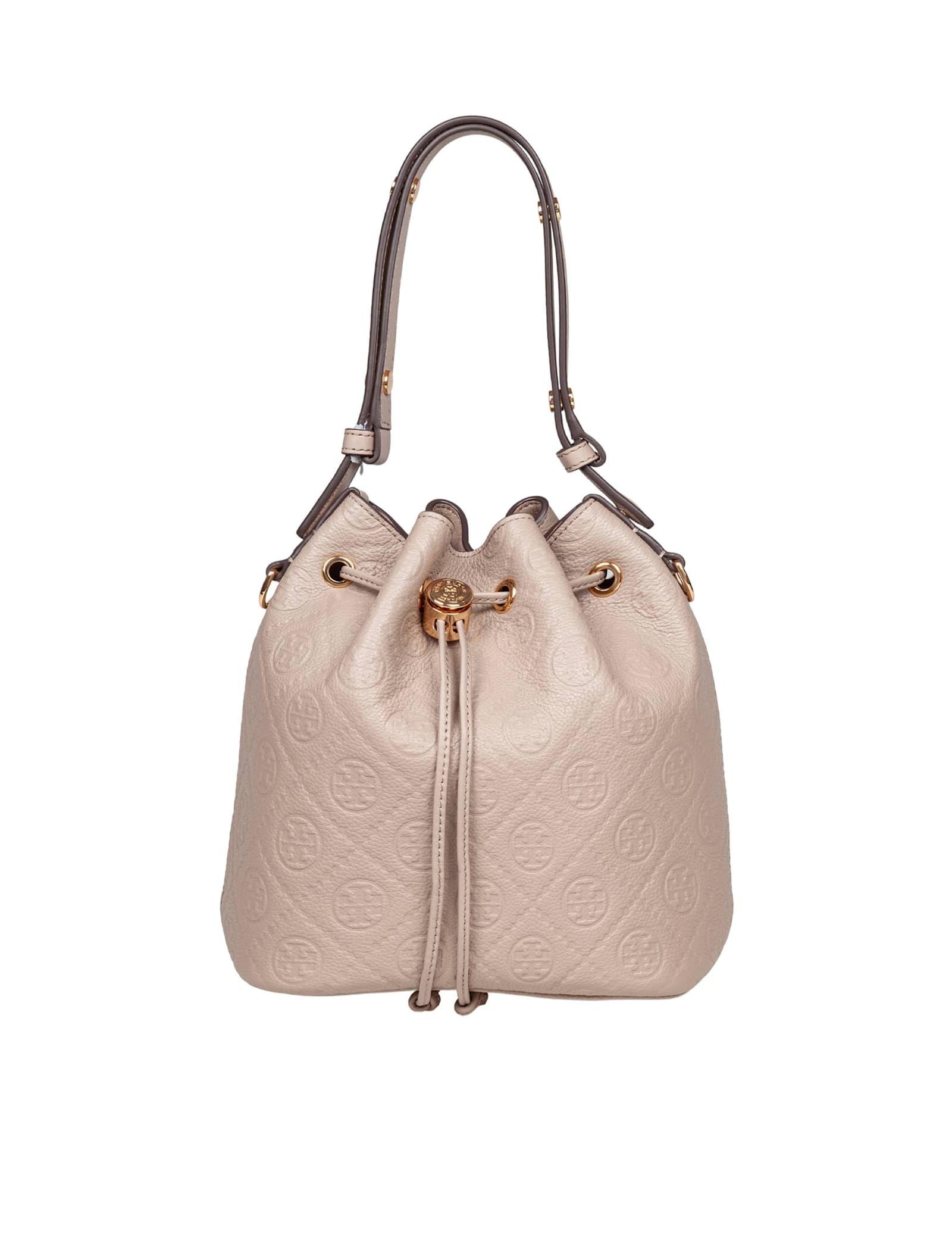 tory burch monogram leather bucket bag clay color