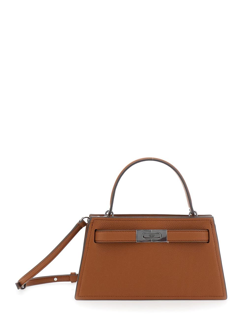 tory burch petite lee radziwill brown crossbody bag with adjustable and removable shoulder strap and t-buckle closure in grained leather woman