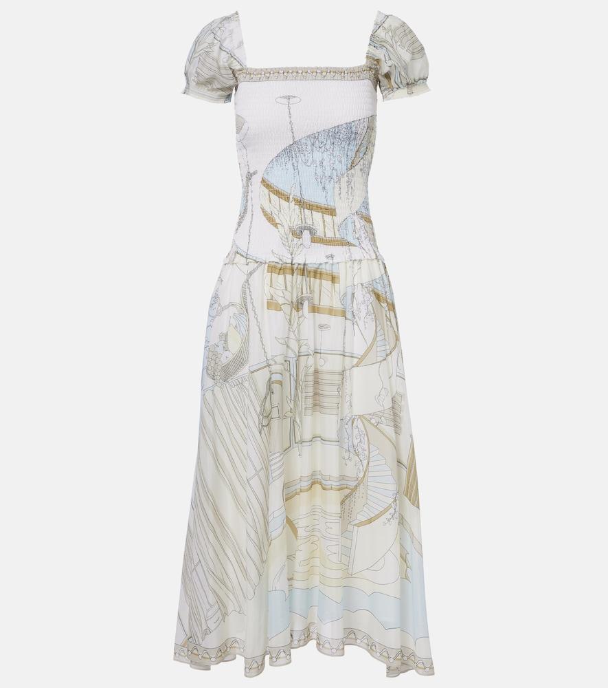 tory burch printed shirred silk and cotton midi dress