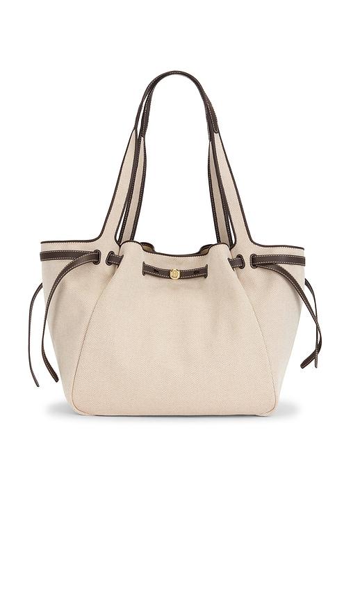 tory burch romy canvas tote in tan.