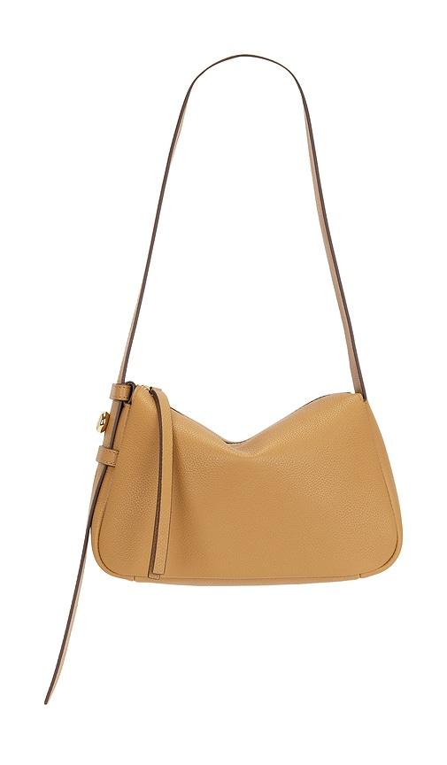 tory burch romy small shoulder bag in tan.