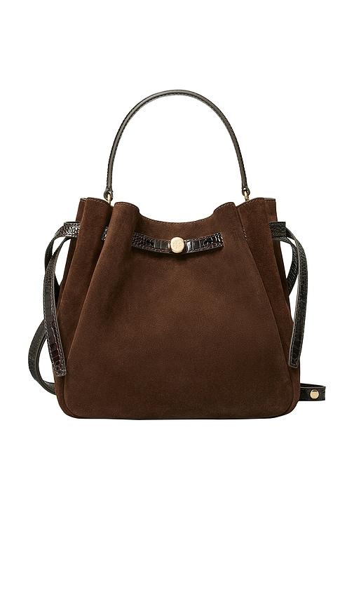 tory burch romy suede bucket bag in brown.