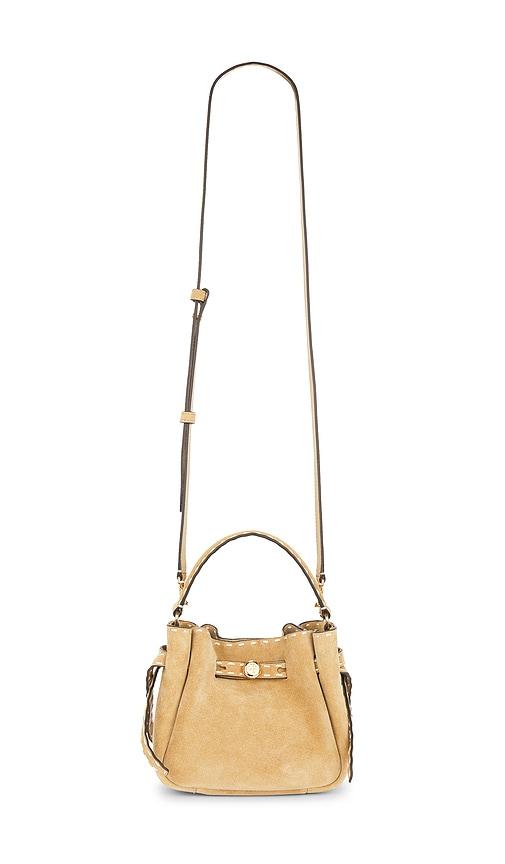 tory burch romy suede pick stitch mini bucket bag in tan.