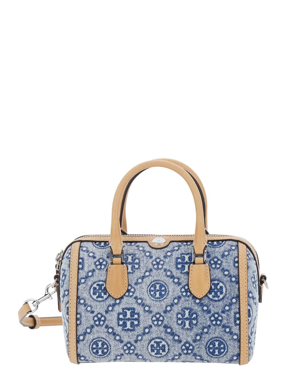 tory burch t monogram denim petit tote bag with blue leather details for women