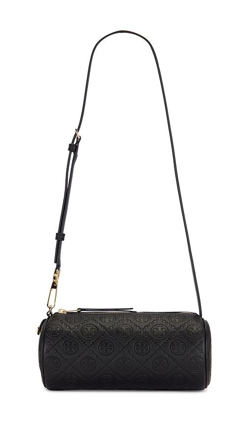 tory burch t monogram pebble cylinder bag in black.
