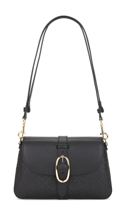 tory burch t monogram pebble soft small shoulder bag in black.