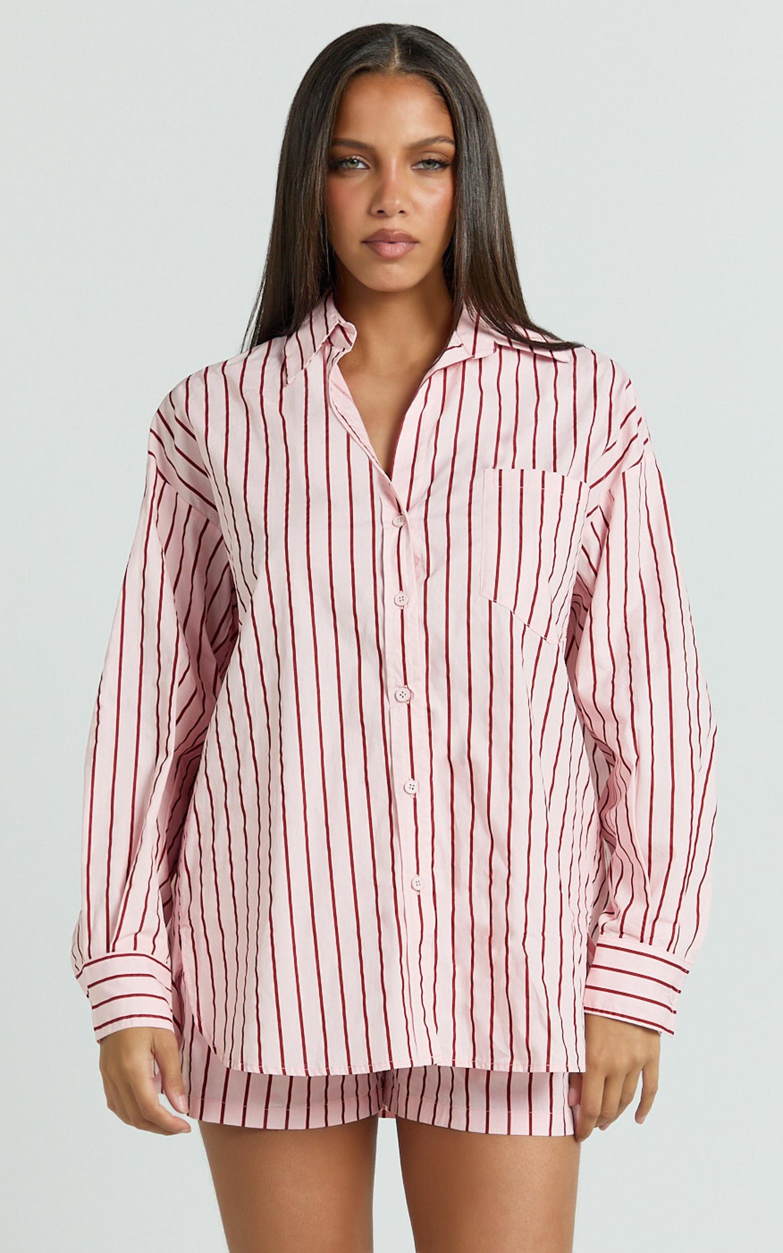 tristan top - oversized button down long sleeve striped shirt in pink