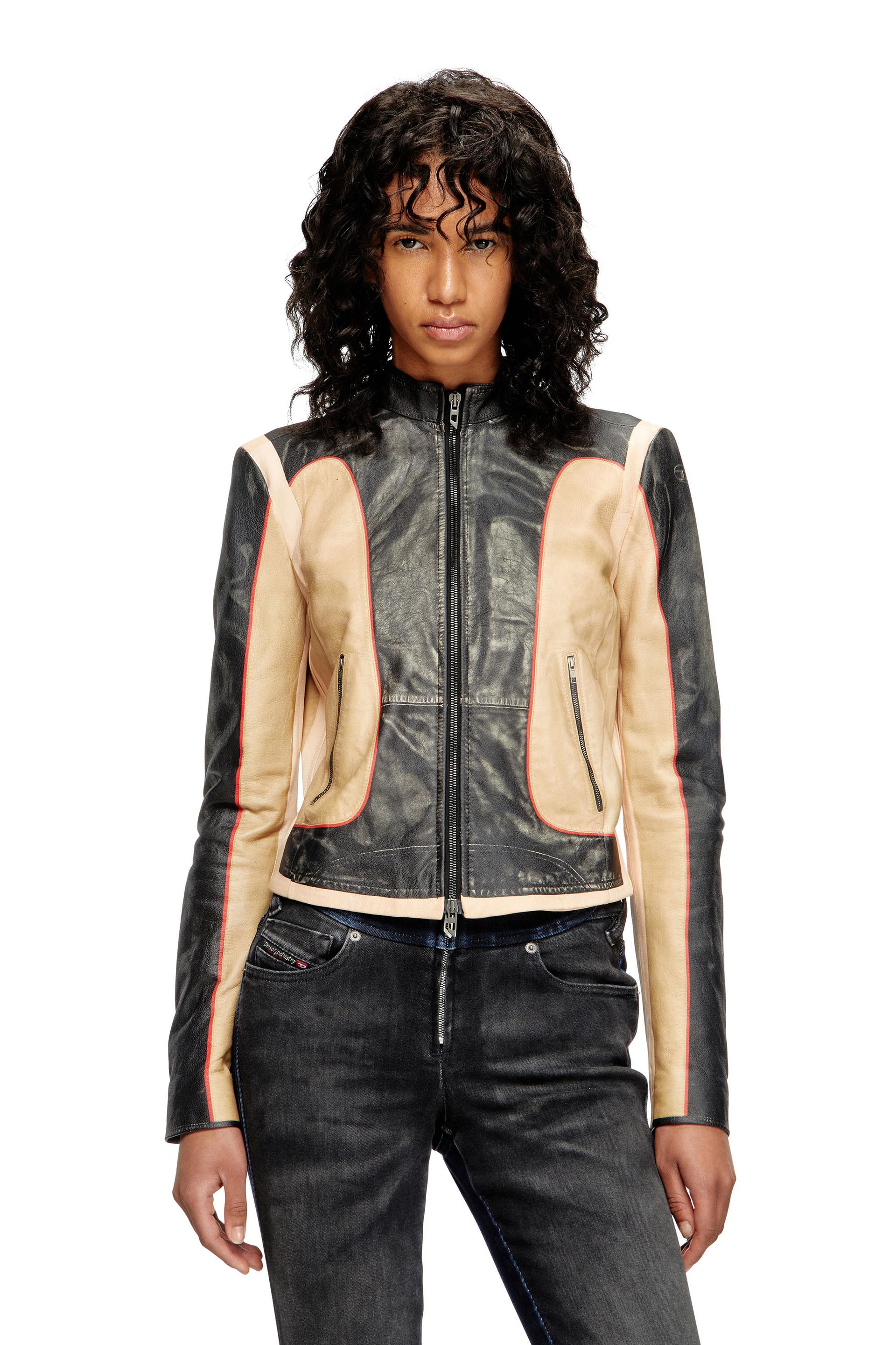 trompe l'oeil-effect leather biker jacket