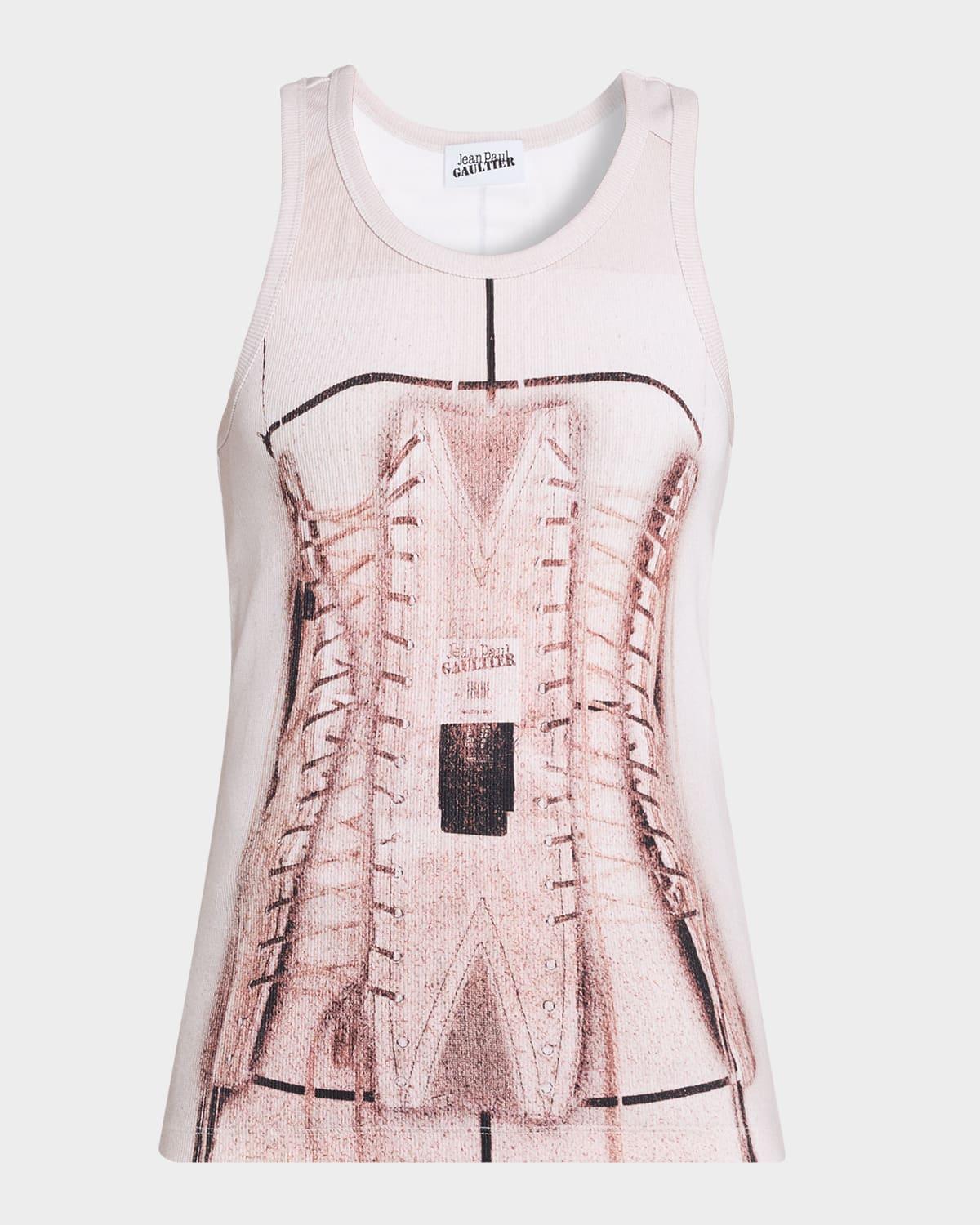 trompe loeil corset printed rib tank top