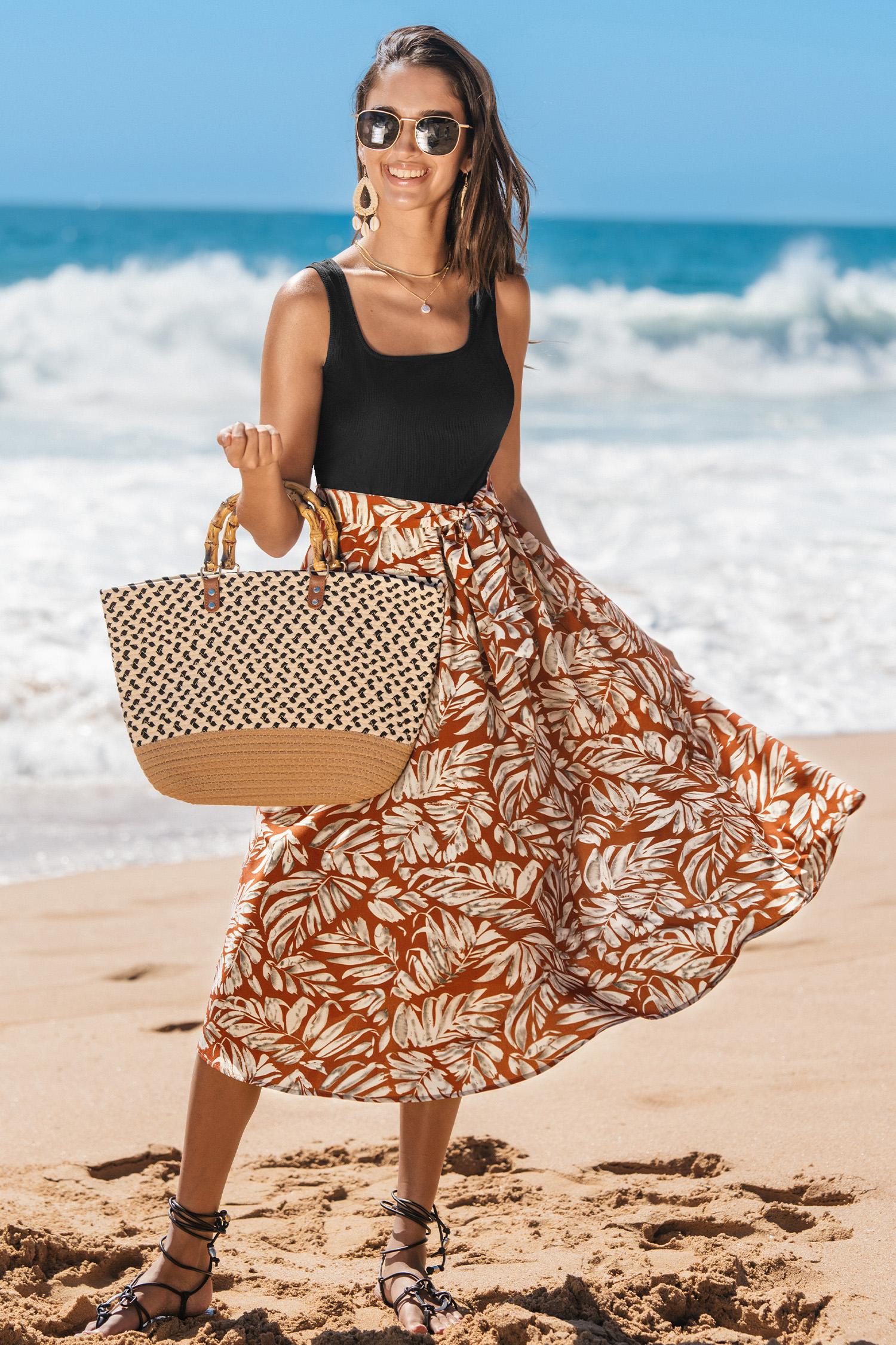 tropical palms square neck midi dress - l