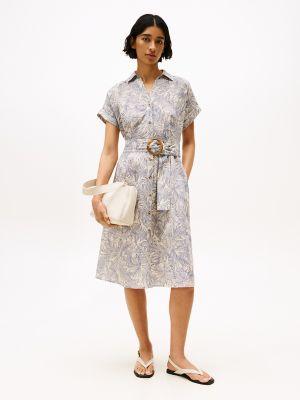 tropical print linen-blend shirtdress