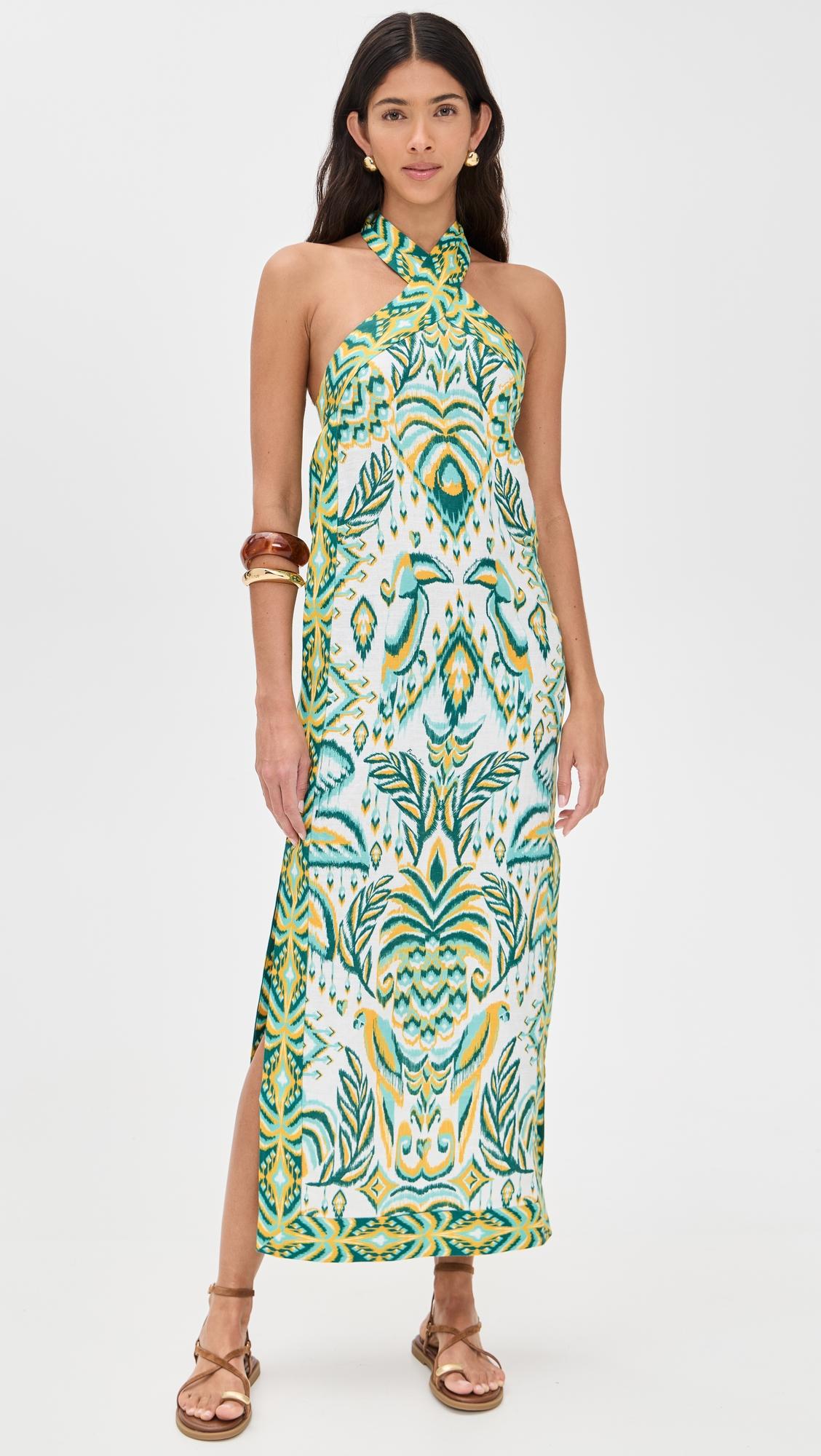 tropical tapestry off-white halter neck dress
