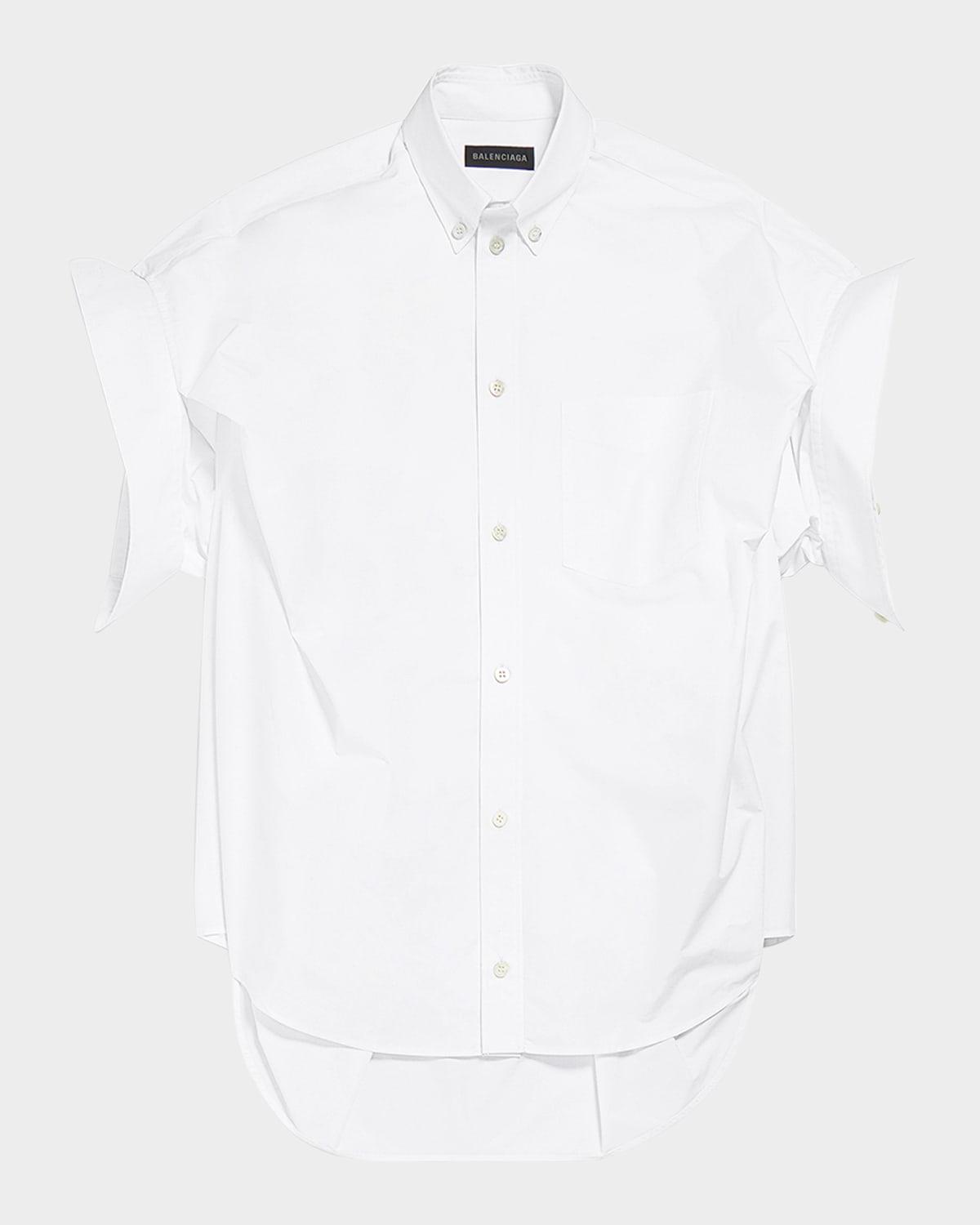tucked-sleeve button-down shirt