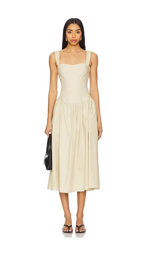 tularosa allie midi dress in beige.