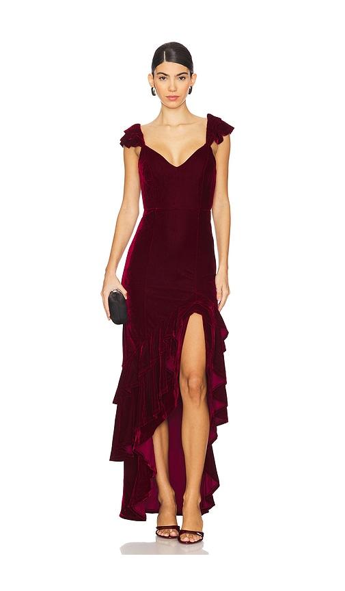 tularosa camille velvet gown in red.