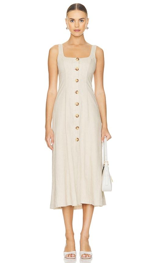 tularosa carley midi dress in beige.