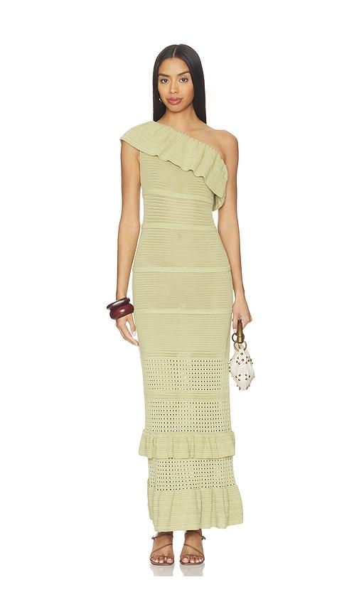 tularosa kenzee ruffle midi dress in sage.