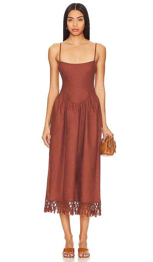 tularosa lexi midi dress in chocolate.