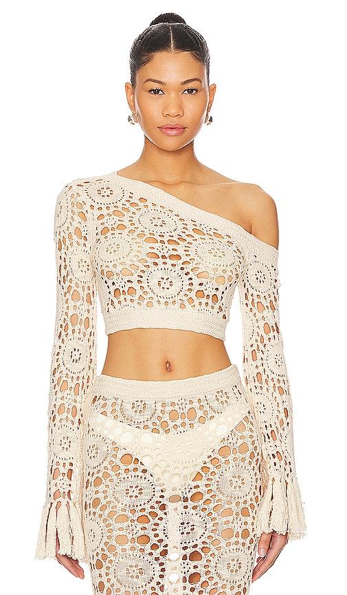 tularosa luanne cold shoulder top in beige.