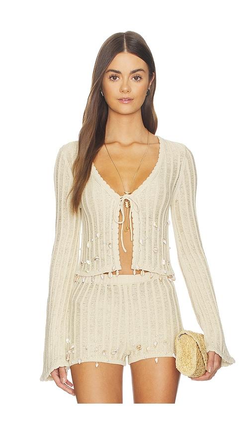 tularosa nori shell embellished cardigan in tan.