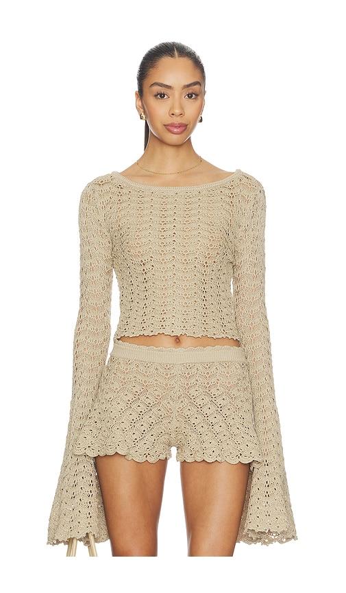 tularosa zaylee boat neck open stitch sweater in tan.