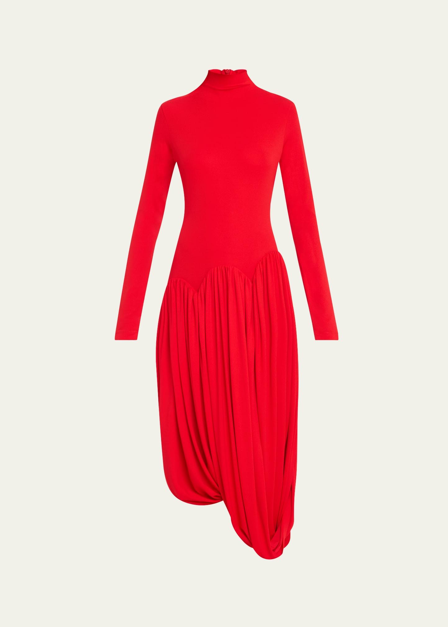 tulip hem jersey mock neck midi dress