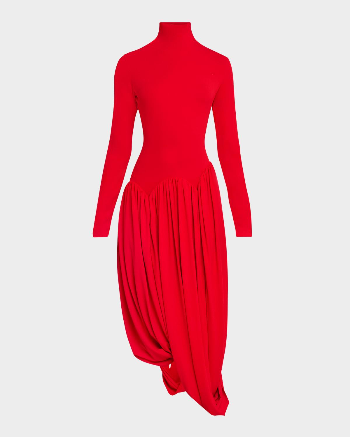 tulip hem jersey mock neck midi dress