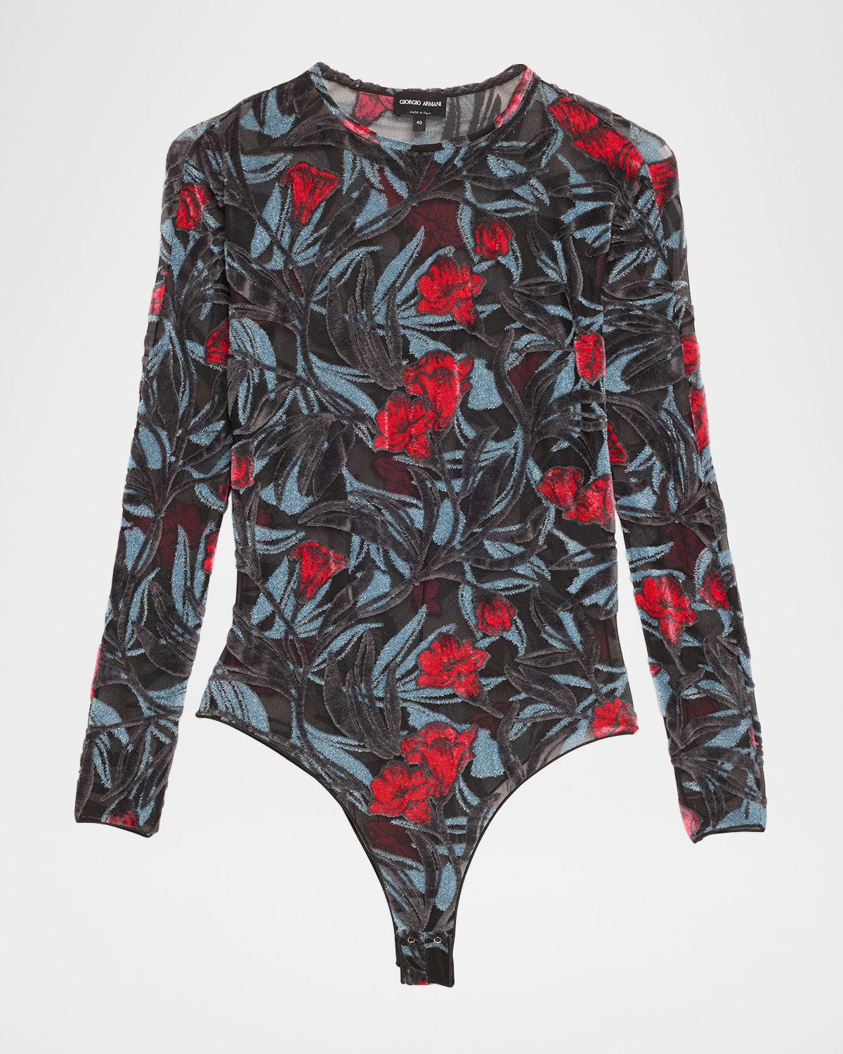 tulle jersey floral print bodysuit