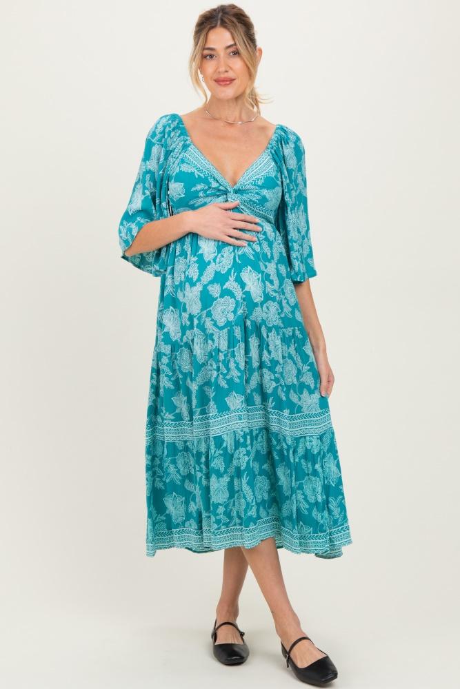 turquoise floral twisted front flutter sleeve maternity midi dress