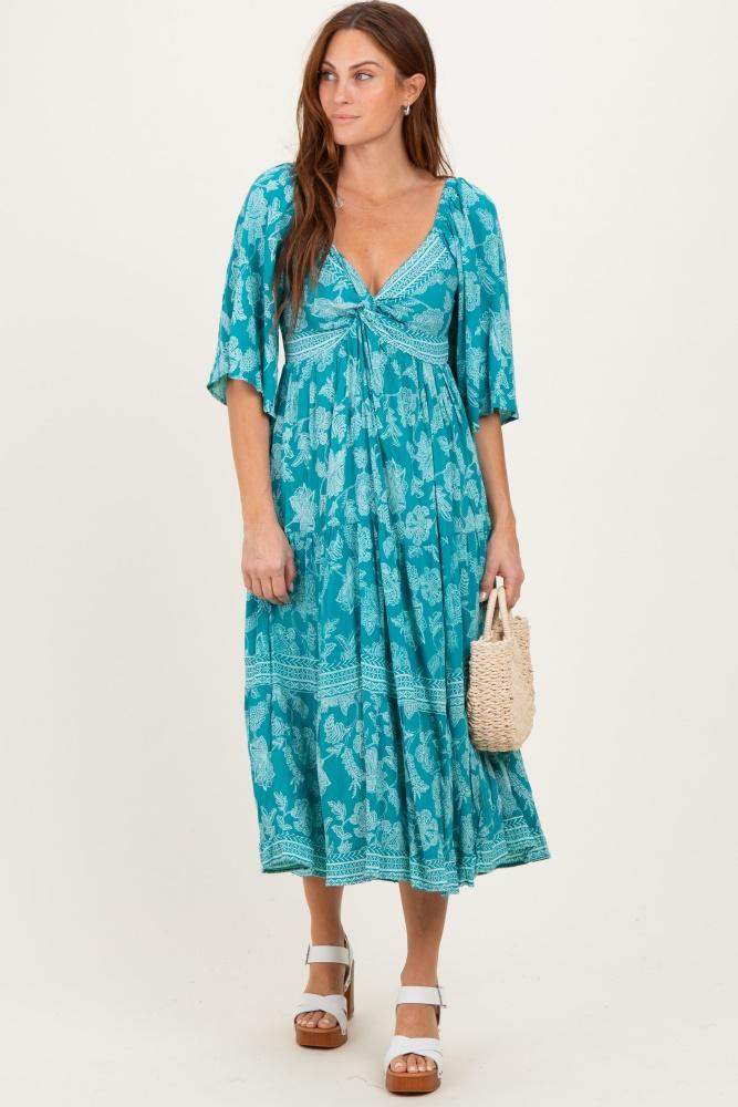 turquoise floral twisted front flutter sleeve midi dress