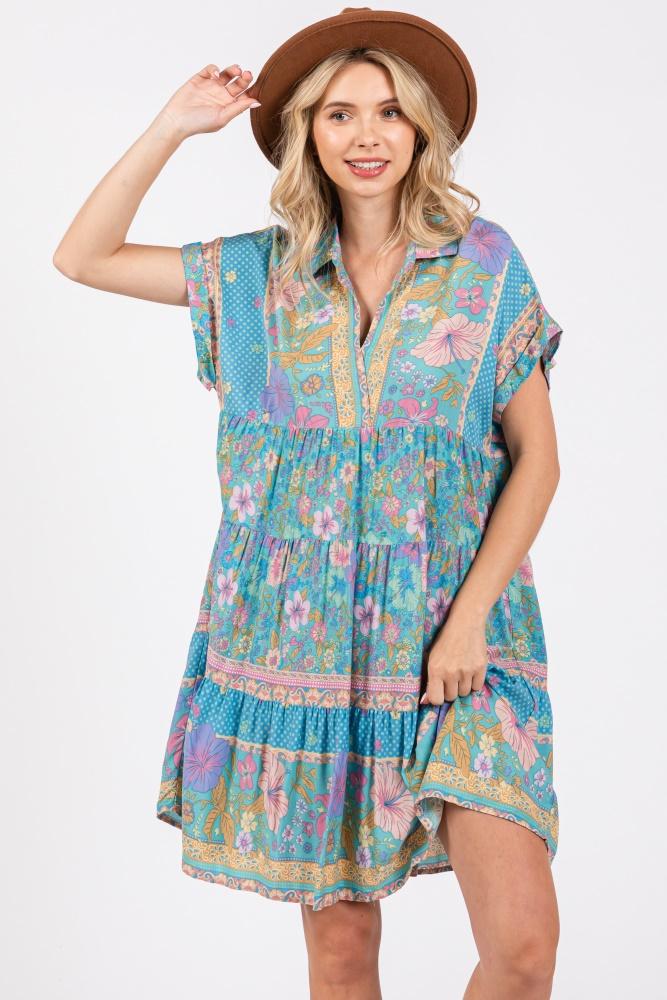 turquoise mixed floral tiered dress