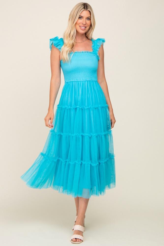 turquoise smocked mesh ruffle accent midi dress