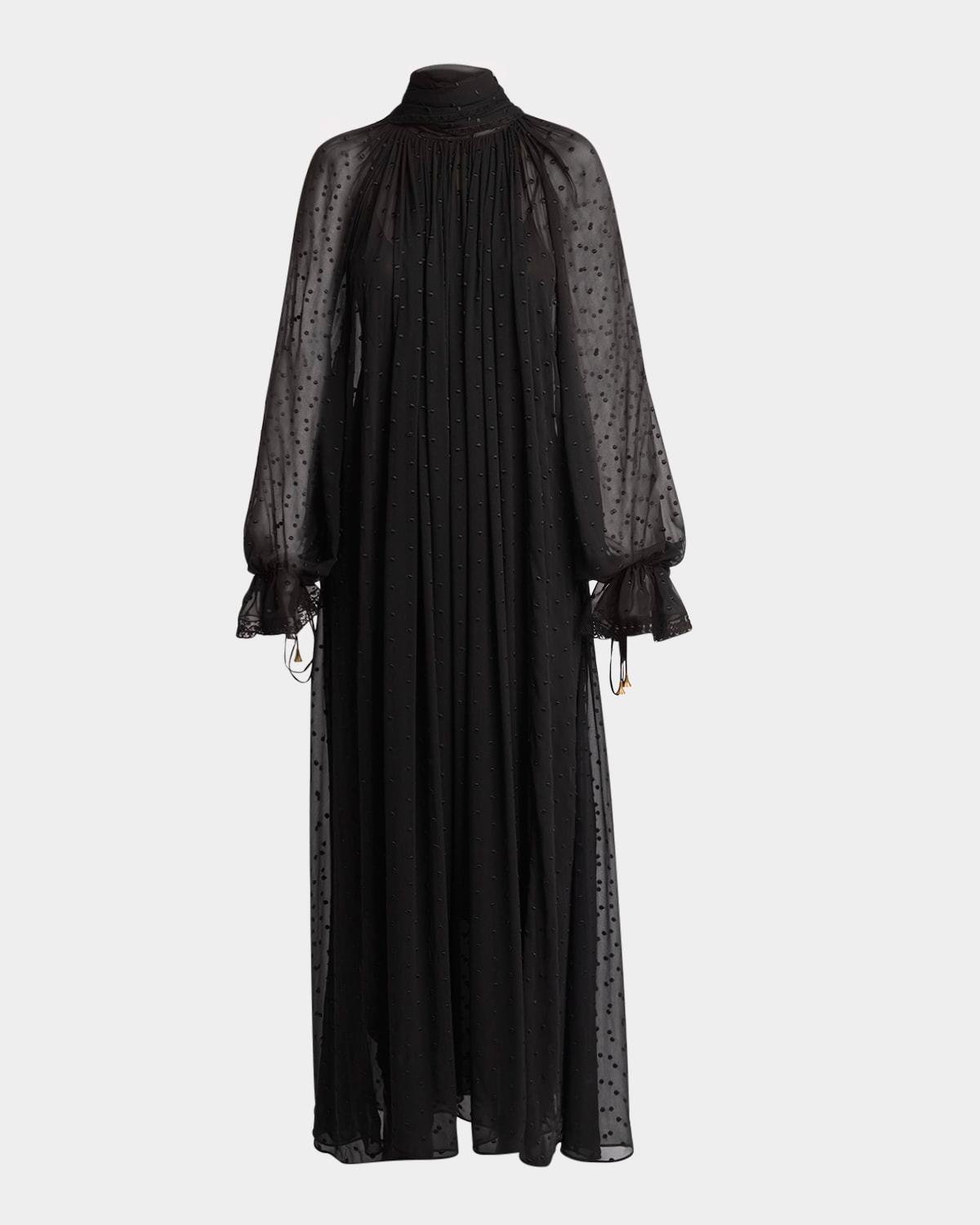 turtleneck long-sleeve swiss dot silk maxi dress