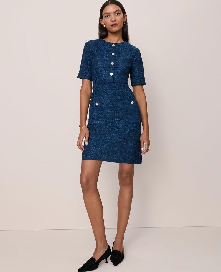 tweed crew neck shift dress