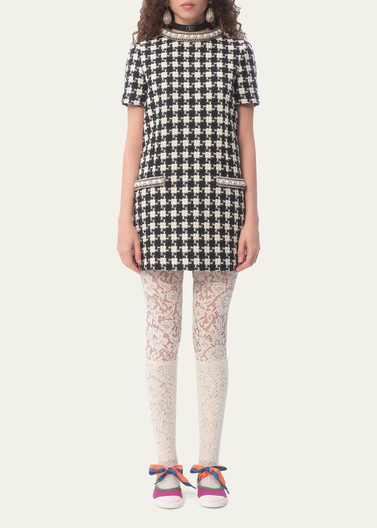 tweed houndstooth crystal mini dress